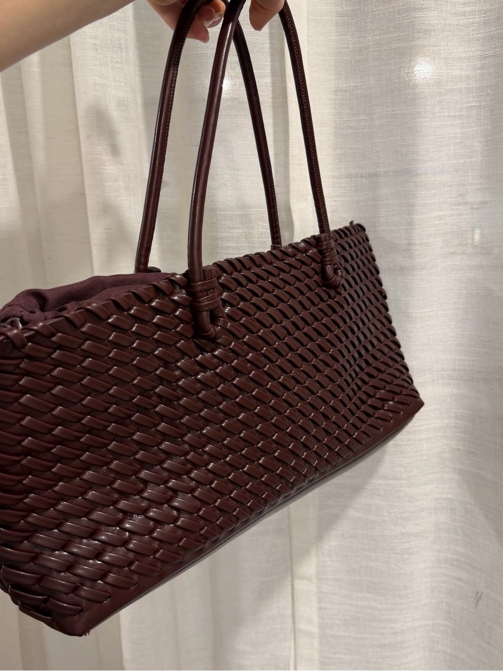 Woven Vegan Leather Shoulder Tote in Deep Burgundy - Picture 3 of 12